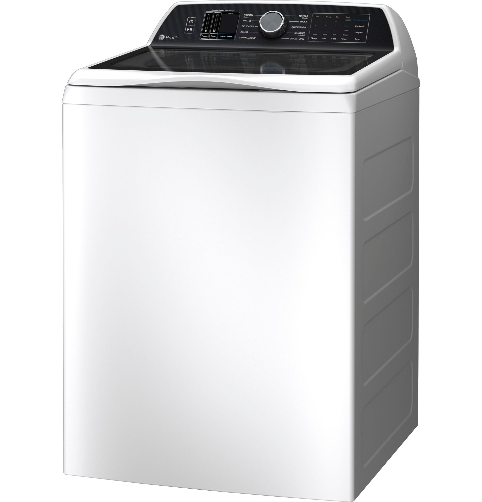 White top load washer with black digital control panel and glass lid in washers and appliances collection