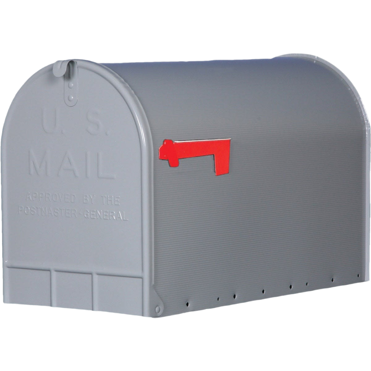 Gray rural style post mount mailbox with red flag for home improvement and outdoor use