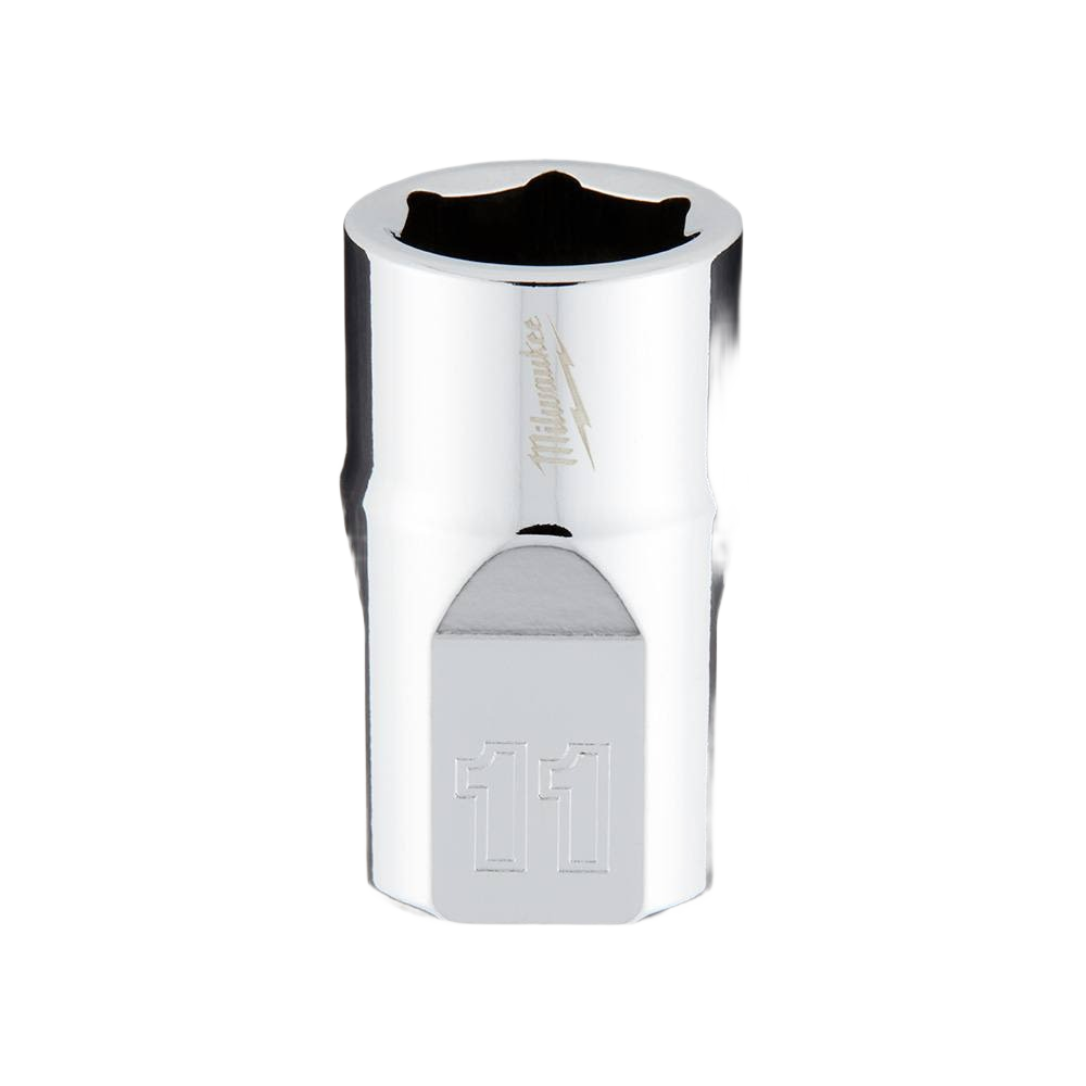 Chrome-finished 11mm 6-point socket with anti-roll design, part of Milwaukee hand tools for home improvement use.
