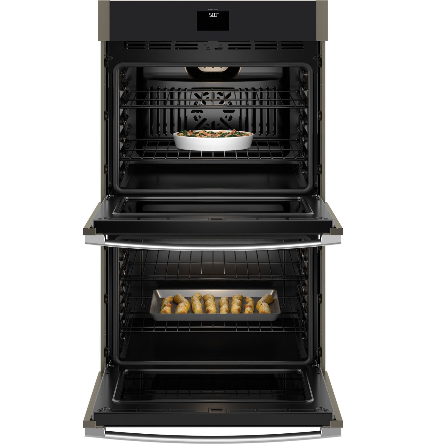Black built-in double wall oven with convection fan, open doors showing racks and dishes inside in Kitchen & Appliances collections