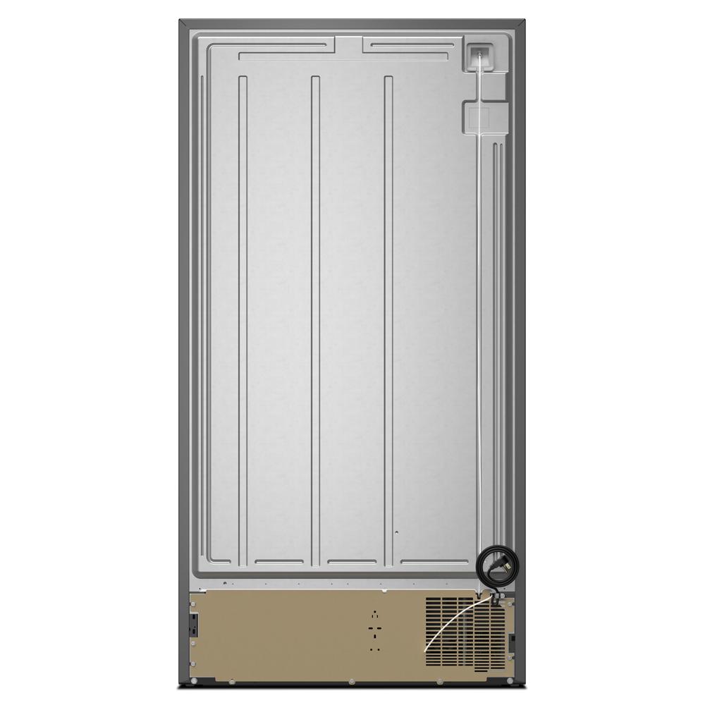 Back view of refrigerator showing metal panel, ventilation grille, and compressor unit from Appliances collection