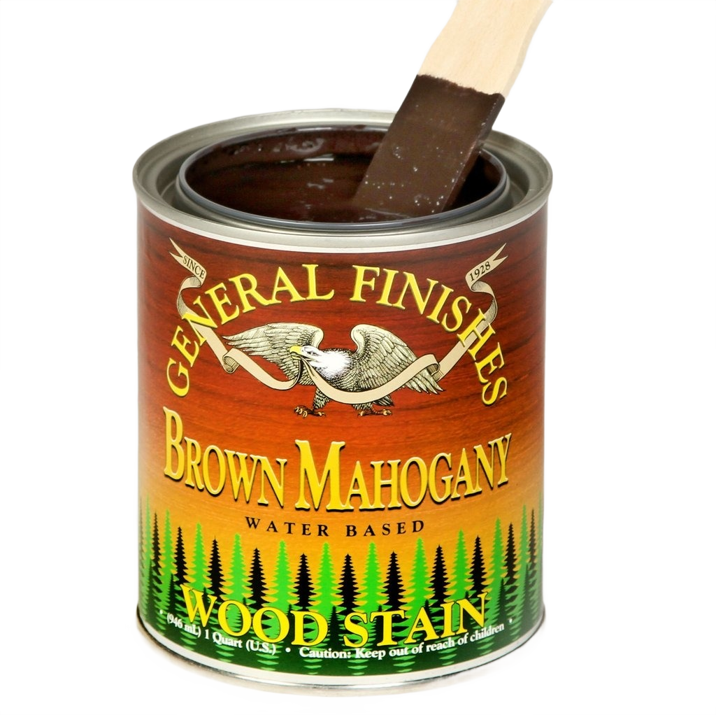 Open can of brown mahogany water based wood stain with a brush, for wood finishing in home improvement projects