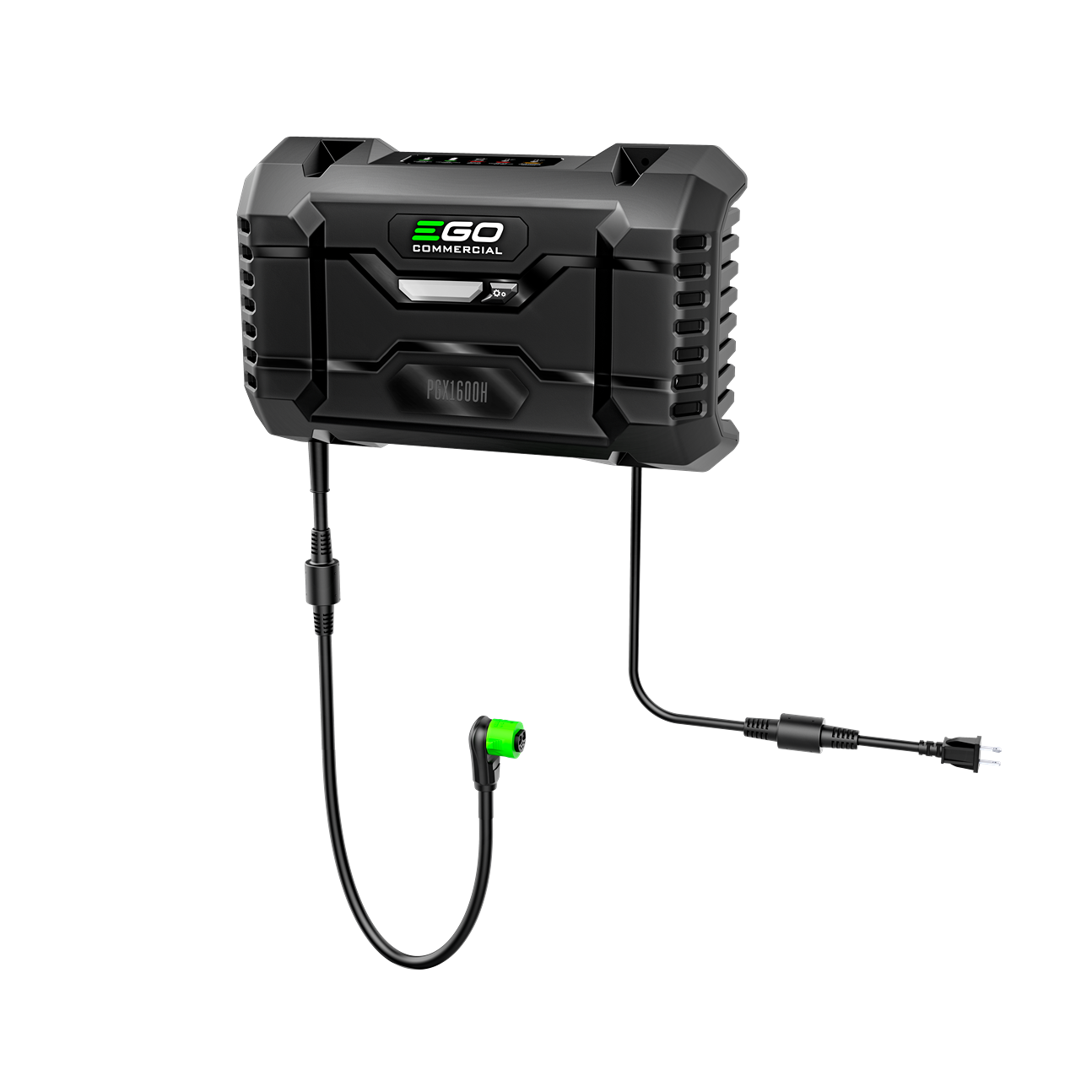 Compact commercial battery charger with black durable casing and connected power cables for tools and home use