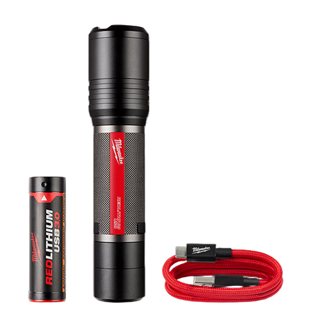 Compact black rechargeable flashlight with USB lithium battery and braided charging cable for tools and home improvement