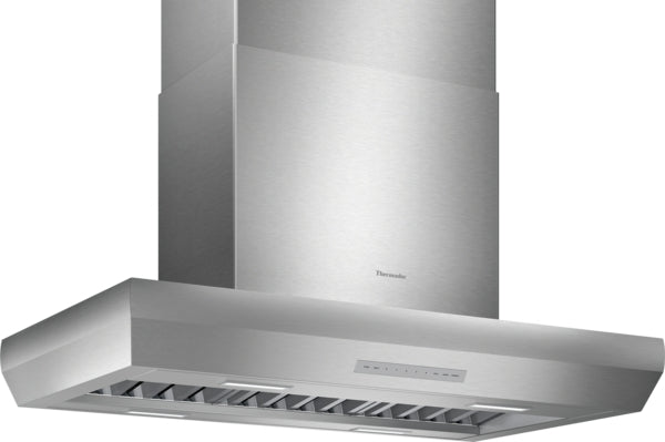 42-inch stainless steel island range hood with modern design and touch controls, part of Thermador appliances at Hartville Hardware for kitchen improvement and home upgrade.