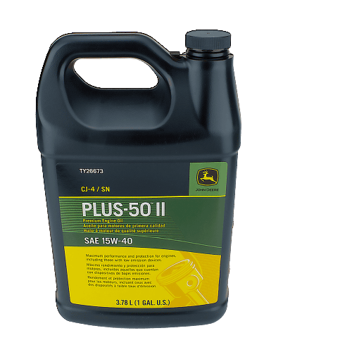 Black plastic jug of John Deere premium engine oil with green and yellow label for tools and home improvement tasks
