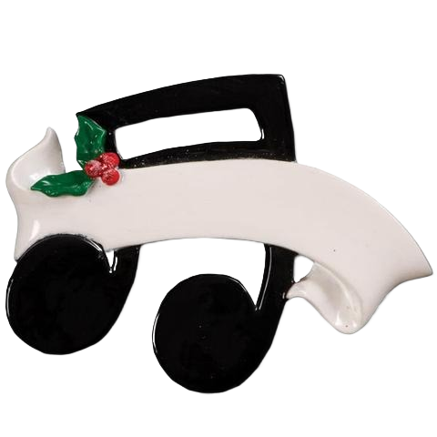 Black musical note ornament with white banner and green holly with red berries for Christmas decorations collection