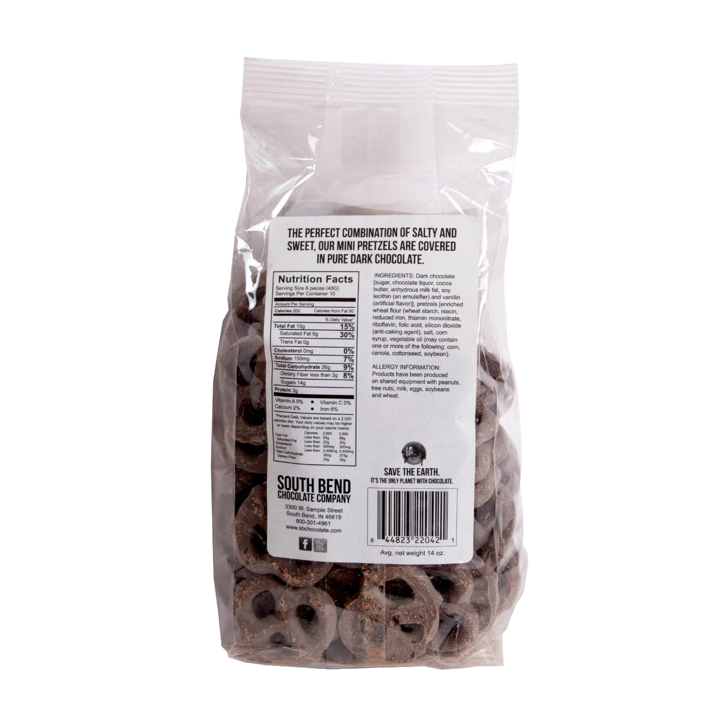 Clear bag of dark chocolate covered pretzels with nutrition facts, part of Chips & Snacks and Food & Beverage collections under $50