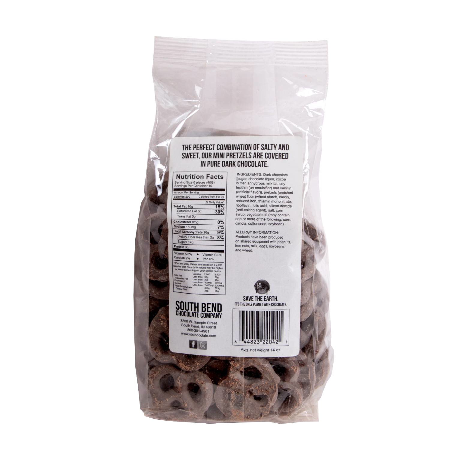 Clear bag of dark chocolate covered pretzels with nutrition facts, part of Chips & Snacks and Food & Beverage collections under $50