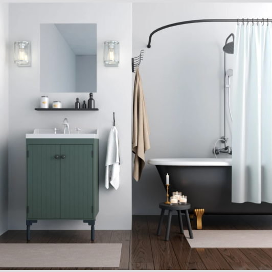 Modern bathroom interior with brushed nickel and clear glass wall sconces, clawfoot tub, and green vanity cabinet