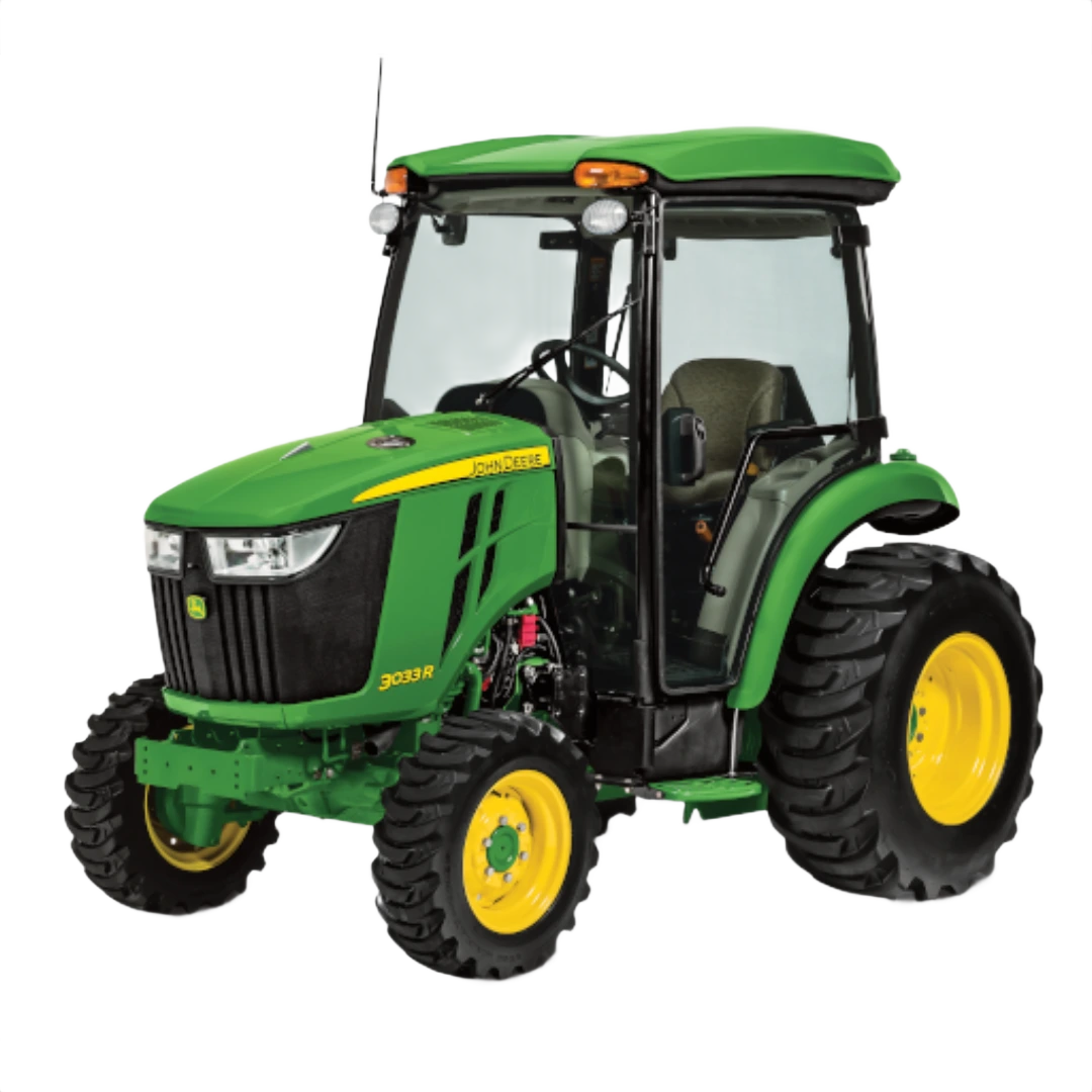Green John Deere 3033R compact tractor with ComfortGard cab, enclosed operator area, and rugged tires, shown in outdoor power equipment category at Hartville Hardware.