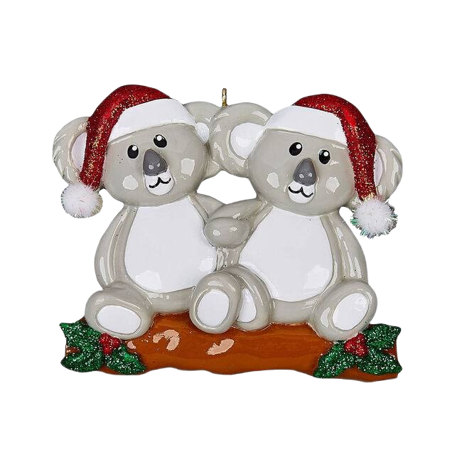 Pair of gray koalas wearing red Santa hats sitting on log with holly for Christmas Ornaments & Tree Decorations under $50 collection