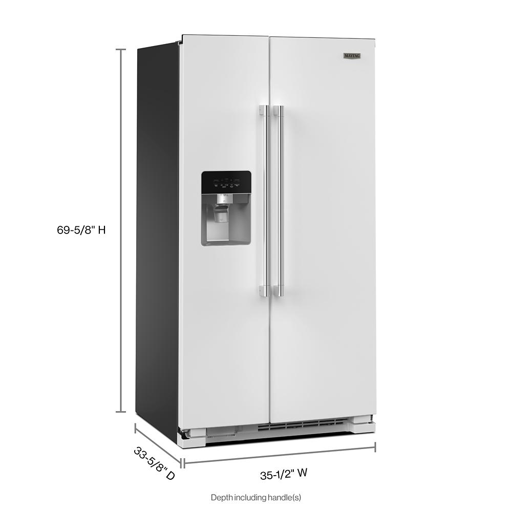 Side-by-side white refrigerator with water and ice dispenser shown with dimensions in Kitchen & Kitchenware and Appliances collections