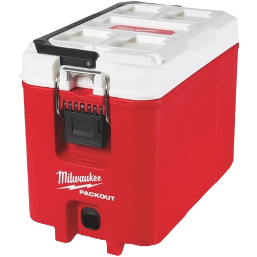 Red and white Milwaukee PACKOUT compact cooler with durable impact-resistant design for jobsite storage and organization