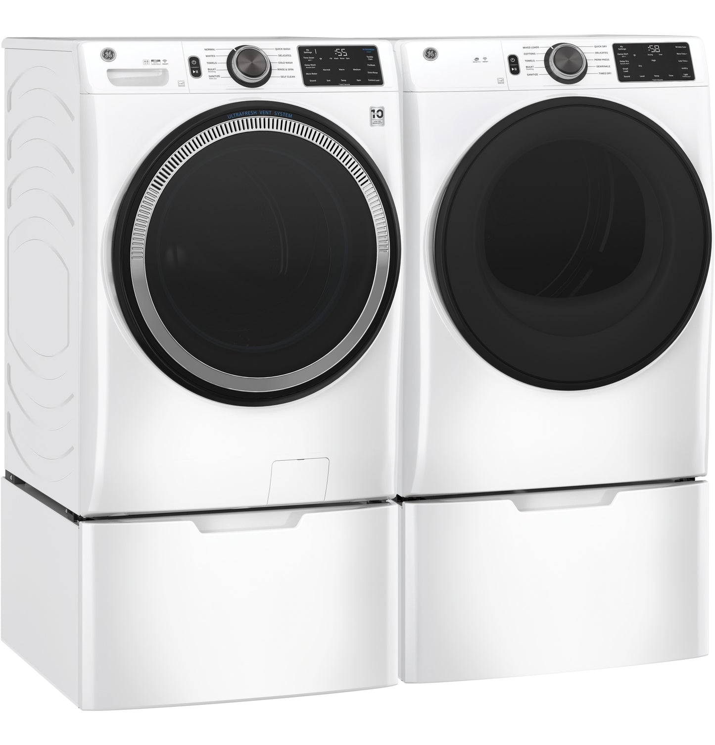 Modern white front load washer and dryer pair with digital controls, designed for washers and dryers appliance collections.