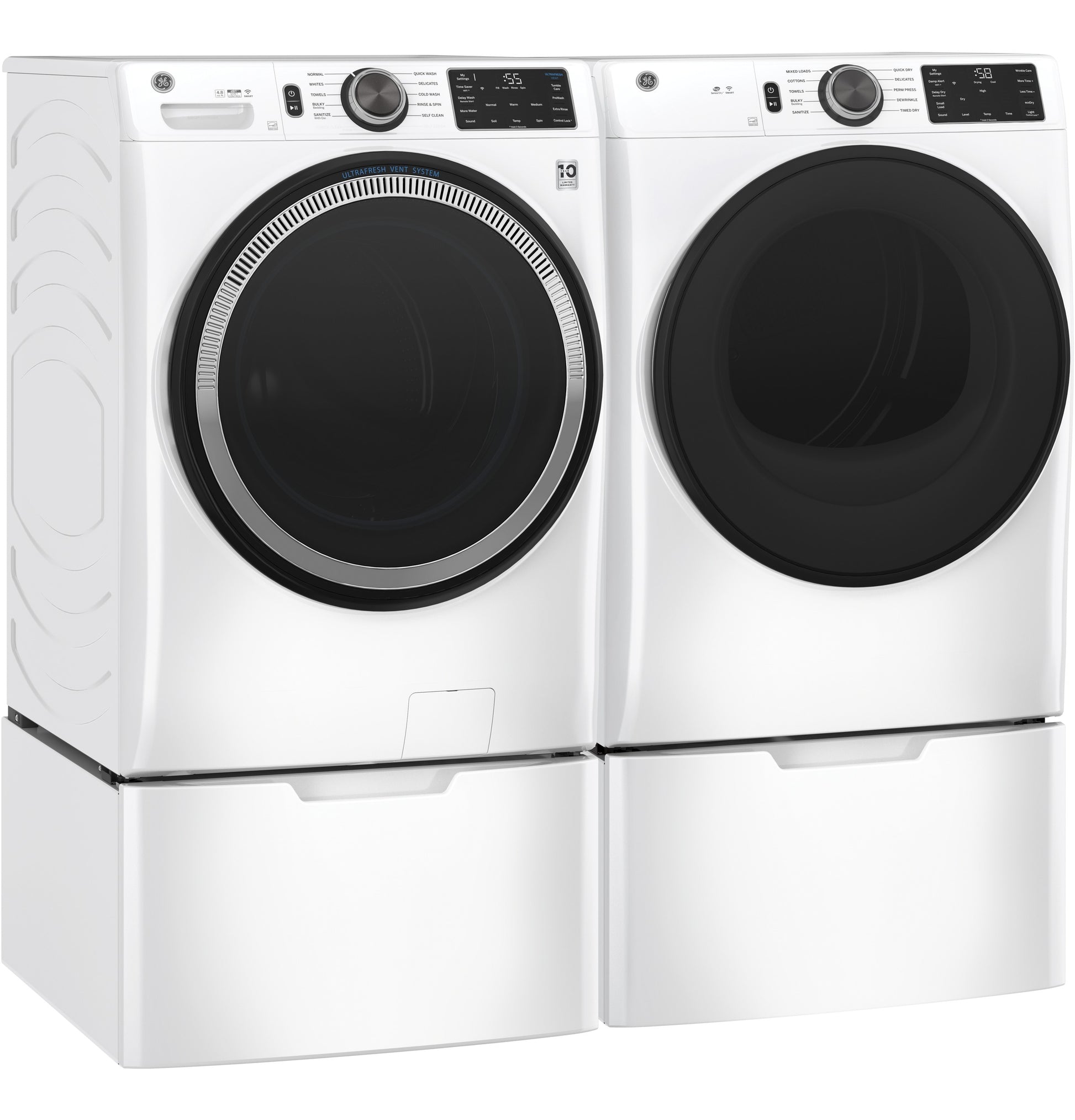 Modern white front load washer and dryer pair with digital controls, designed for washers and dryers appliance collections.