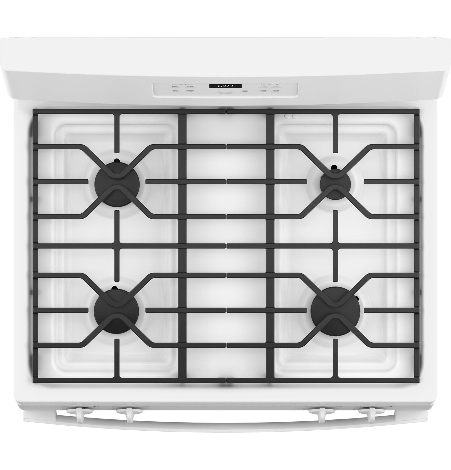 Top view of white free-standing gas range with four burners and black grates in kitchen appliances collection