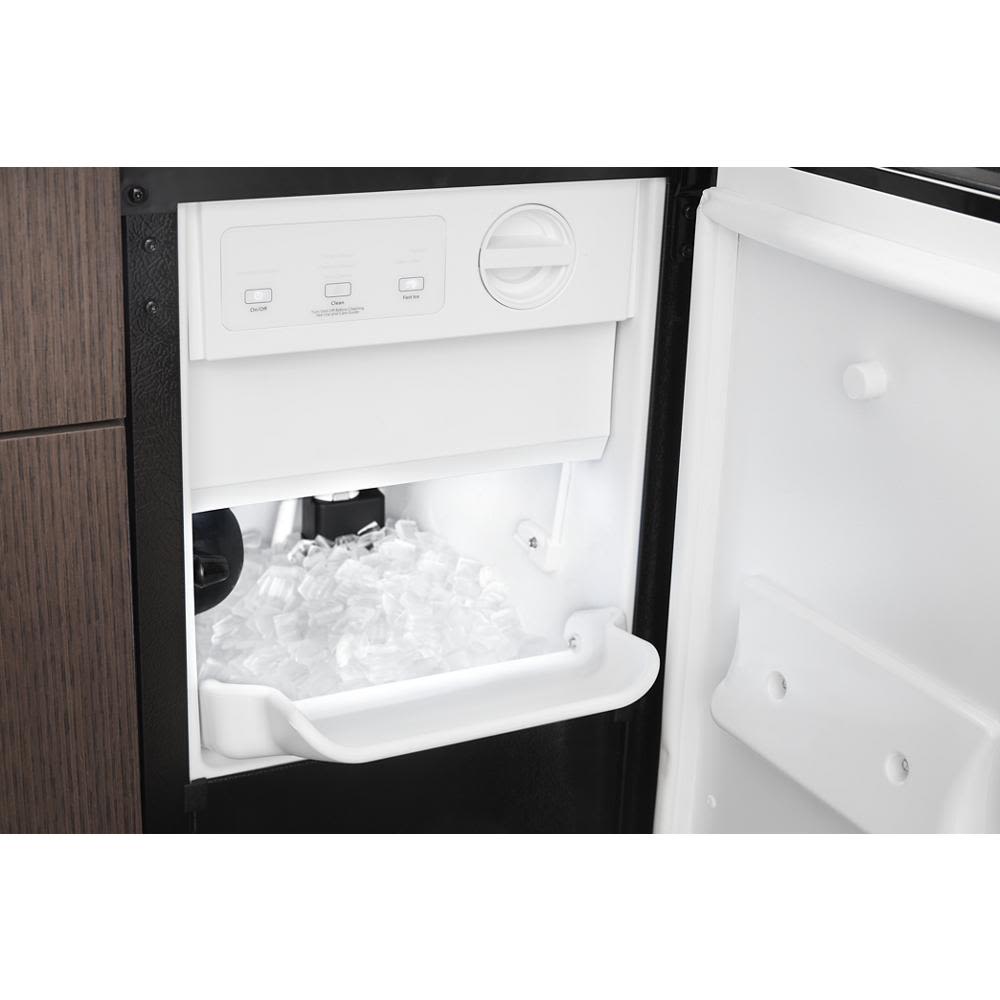 Compact white and black undercounter icemaker producing clear ice for kitchen and appliance collections