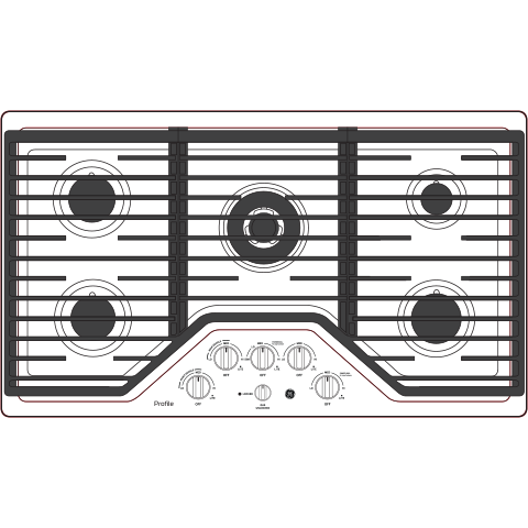 Top view of a stainless steel five-burner gas cooktop with central tri-ring burner and integrated griddle controls