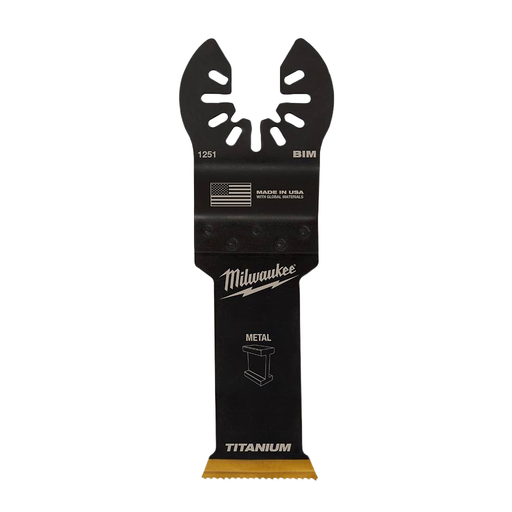 Black bi-metal oscillating tool blade with titanium cutting edge for metal in woodworking and power tool accessories collections