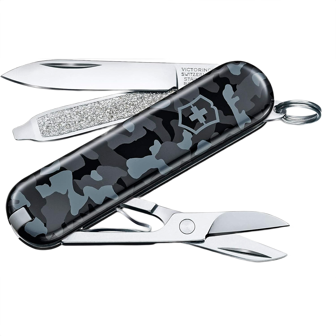 Compact multi-tool pocket knife with gray camouflage handle, featuring blade, nail file, and scissors for tools and home improvement use