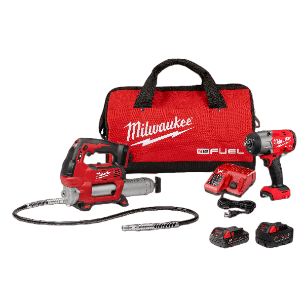 Red cordless impact wrench and grease gun kit with battery chargers and branded carrying bag for tools and home improvement use
