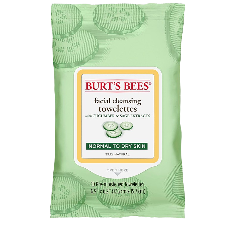 Green package of Burt's Bees facial cleansing towelettes with cucumber and sage extracts for normal to dry skin in Health & Beauty collection