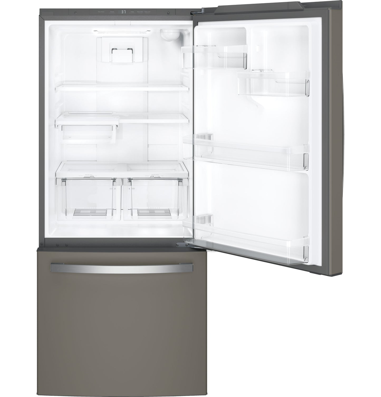 Open stainless steel bottom-freezer refrigerator with adjustable shelves and clear door bins from Refrigerators collection