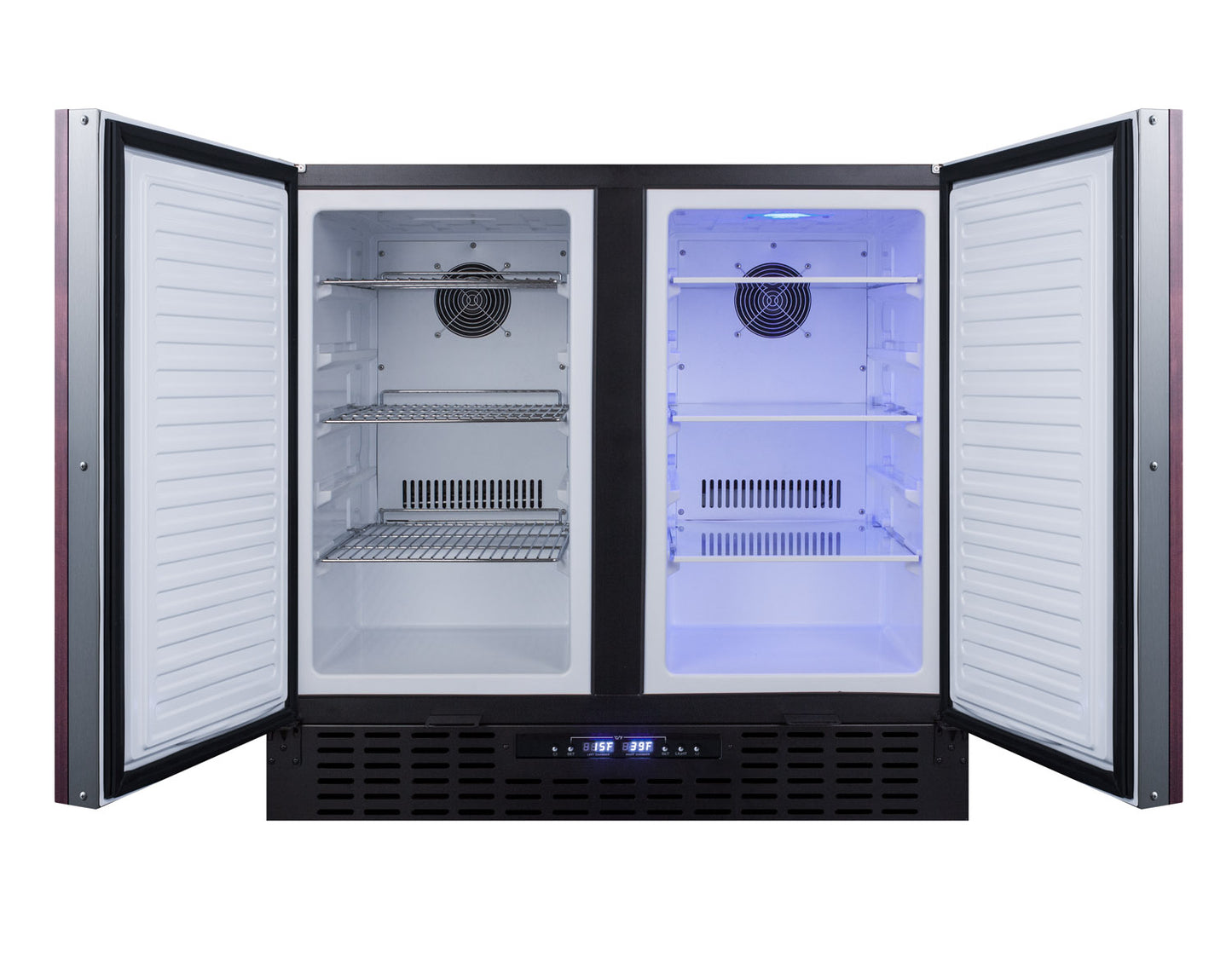 Built-in undercounter refrigerator-freezer with dual open doors and interior lighting in kitchen appliance collection