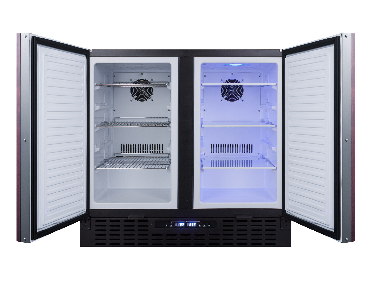 Built-in undercounter refrigerator-freezer with dual open doors and interior lighting in kitchen appliance collection