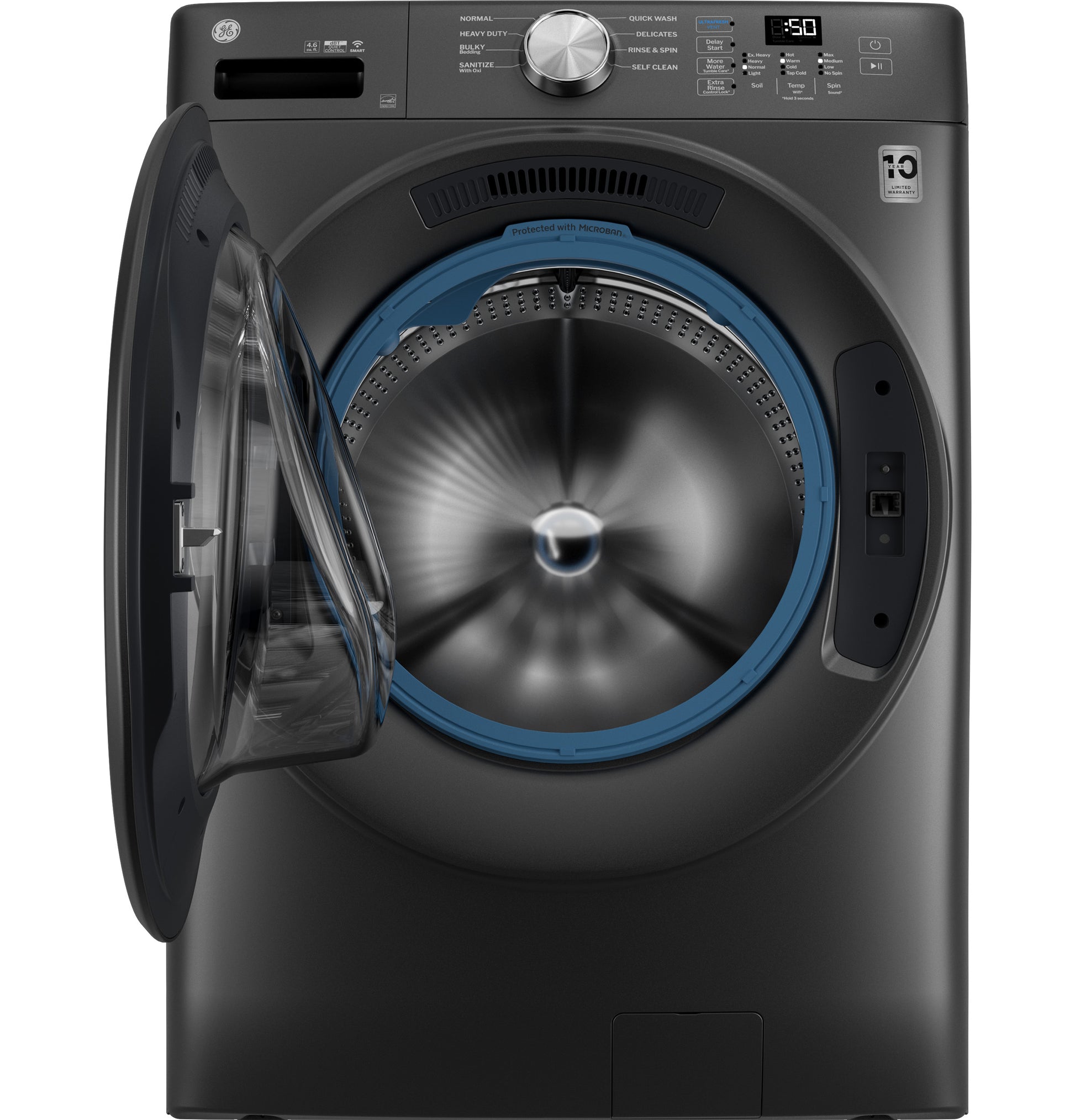 Front view of dark gray front load washer with open door, digital controls, and UltraFresh Vent System in washers collection