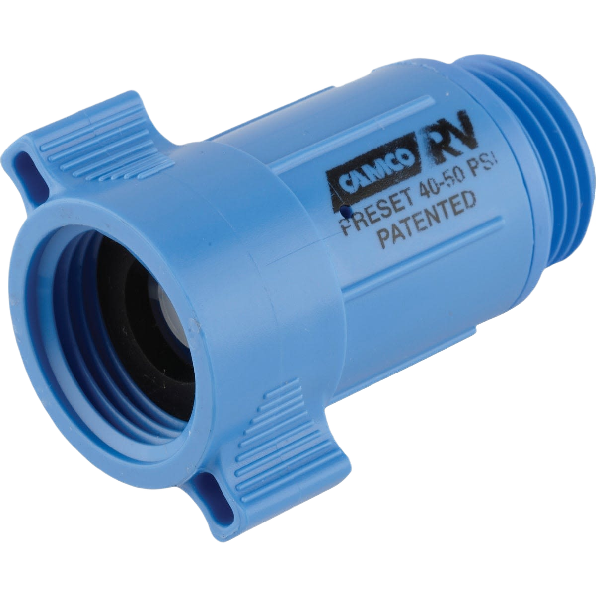 Blue plastic RV water pressure regulator with threaded ends designed for 40-50 PSI control in home improvement tasks