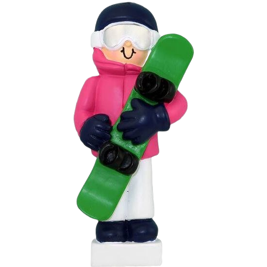 Charming female snowboarder ornament in pink jacket holding green snowboard for Christmas Ornaments & Tree Decorations collection