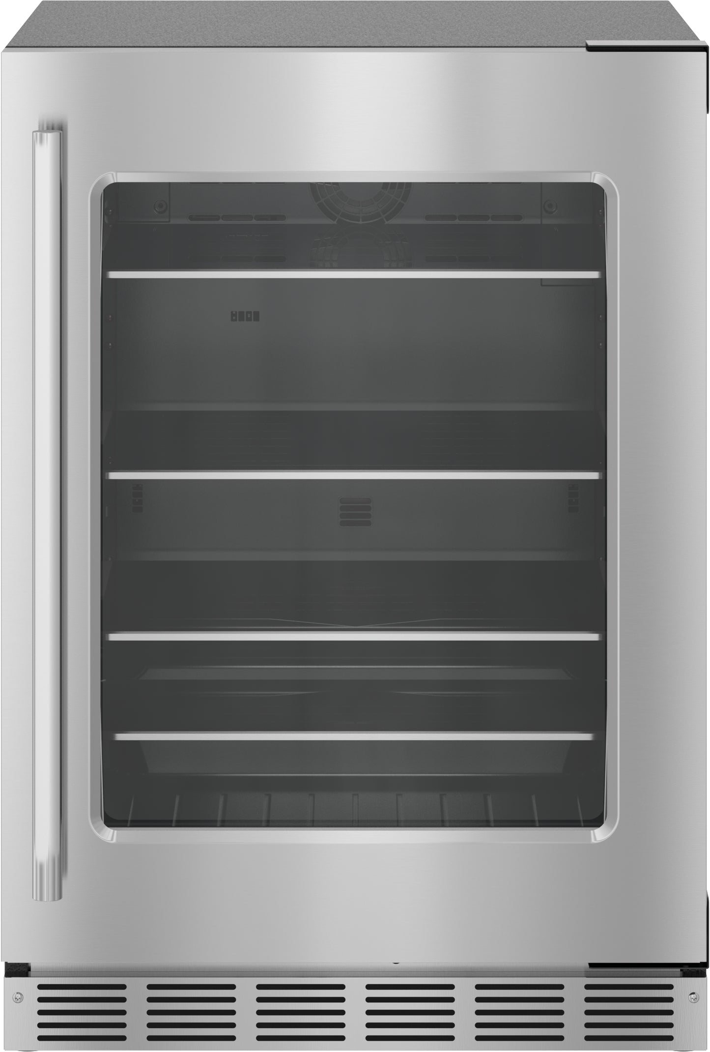 Under counter stainless steel refrigerator with glass door and right-hinged handle in kitchen appliances collection