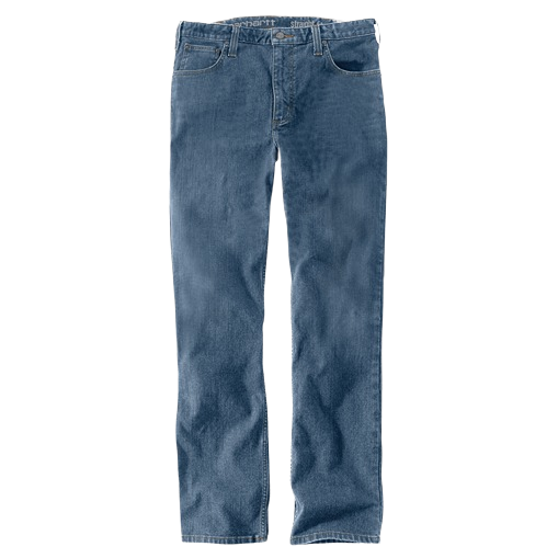 Front view of men's medium blue durable 12-ounce denim jean pant with slim tapered leg and flexible Rugged Flex stretch