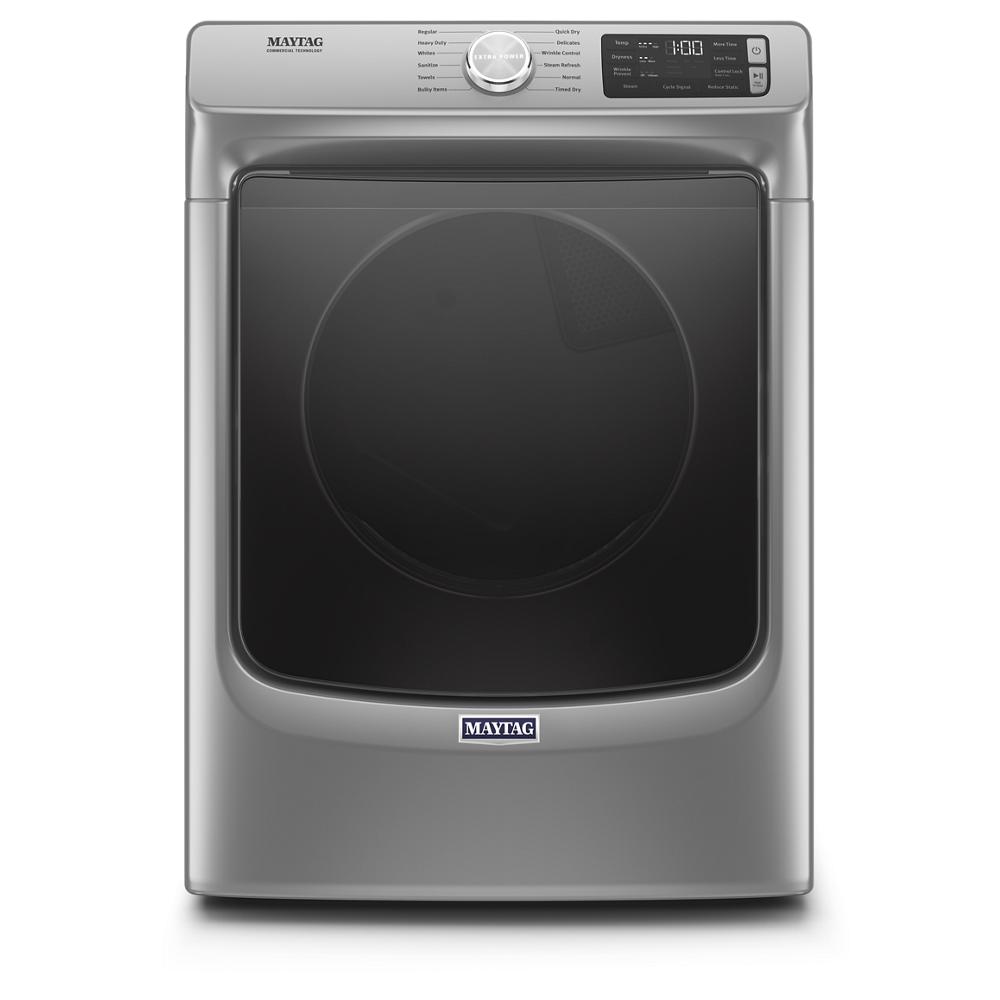 Gray front load electric dryer with digital control panel and large tinted door in electric dryers collection