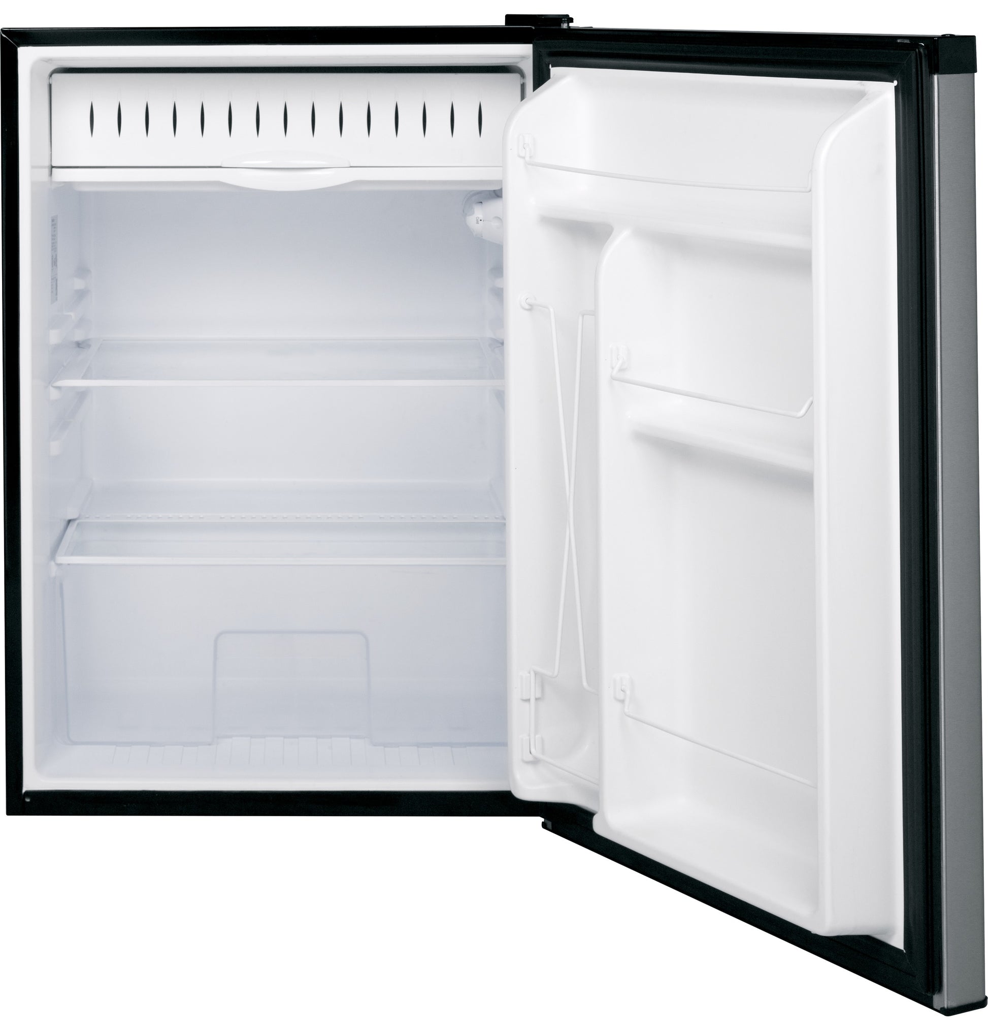Open compact refrigerator with white interior shelving and door storage in mini refrigerators and appliances collection