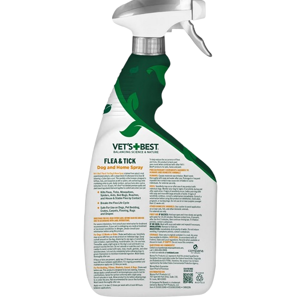 White and green spray bottle of Vet's Best natural flea and tick treatment for dog and home use with detailed label text