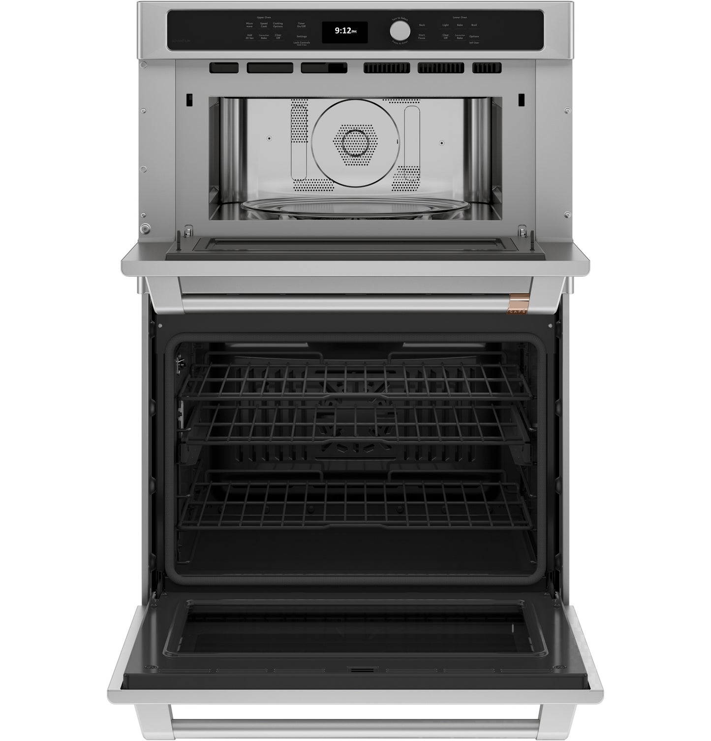Open stainless steel double wall oven with convection and Advantium technology in kitchen appliances collection