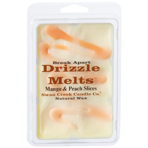 Pack of mango and peach scented wax melts with orange drizzle detail in clear plastic clamshell packaging