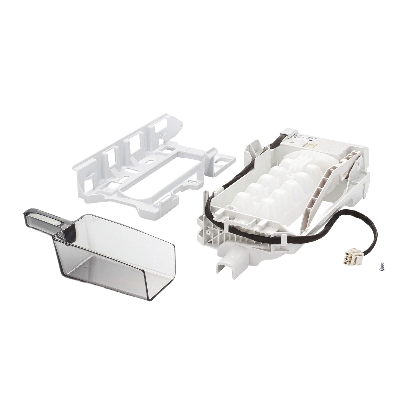 White plastic multi-door ice maker kit components with wiring and mounting bracket from appliance parts collection