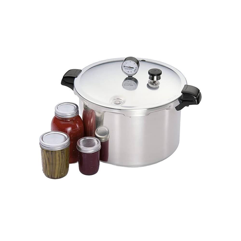 16-quart aluminum pressure cooker and canner with clear gauge and black handles, alongside assorted canning jars in kitchenware collection
