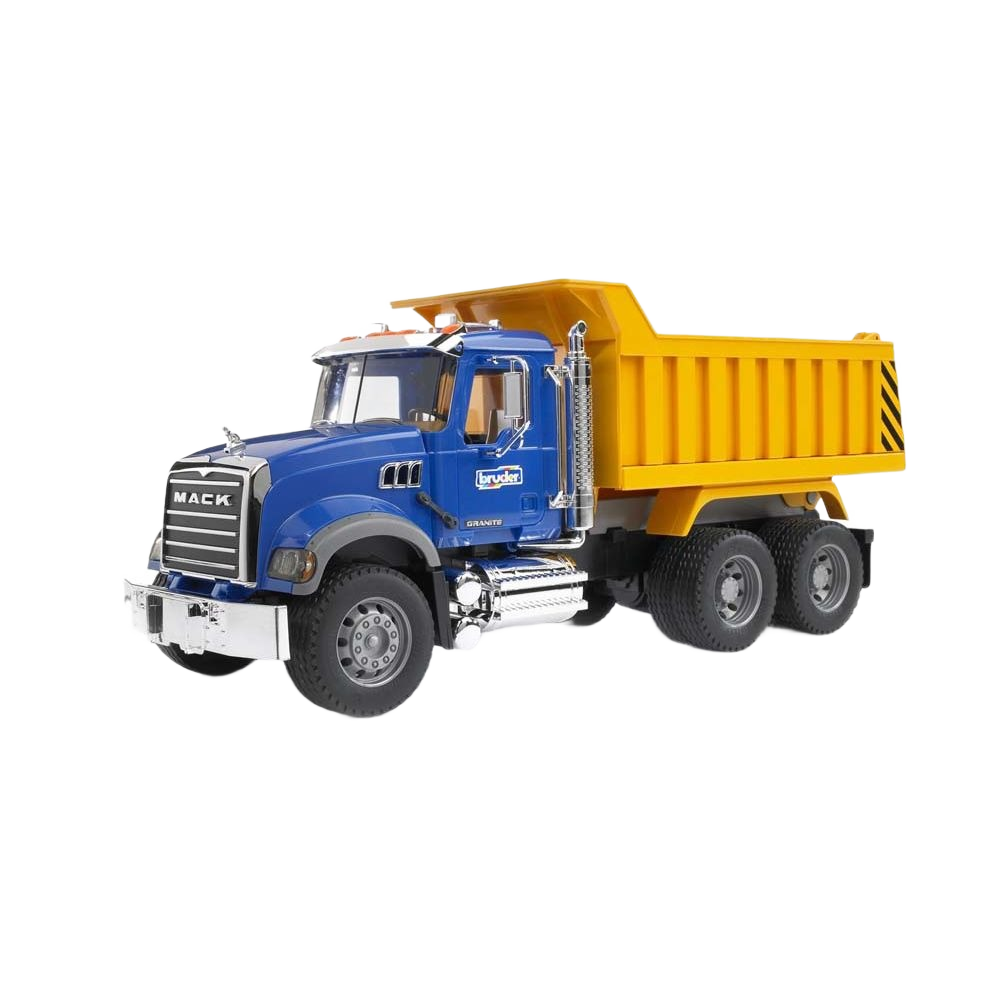 Blue and yellow Bruder MACK Granite dump truck toy with detailed cab and realistic durable plastic construction