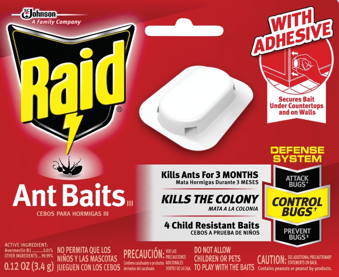 Packaging of Raid Solid Ant Bait Station 4-pack for indoor insect and pest control in home improvement and lawn care