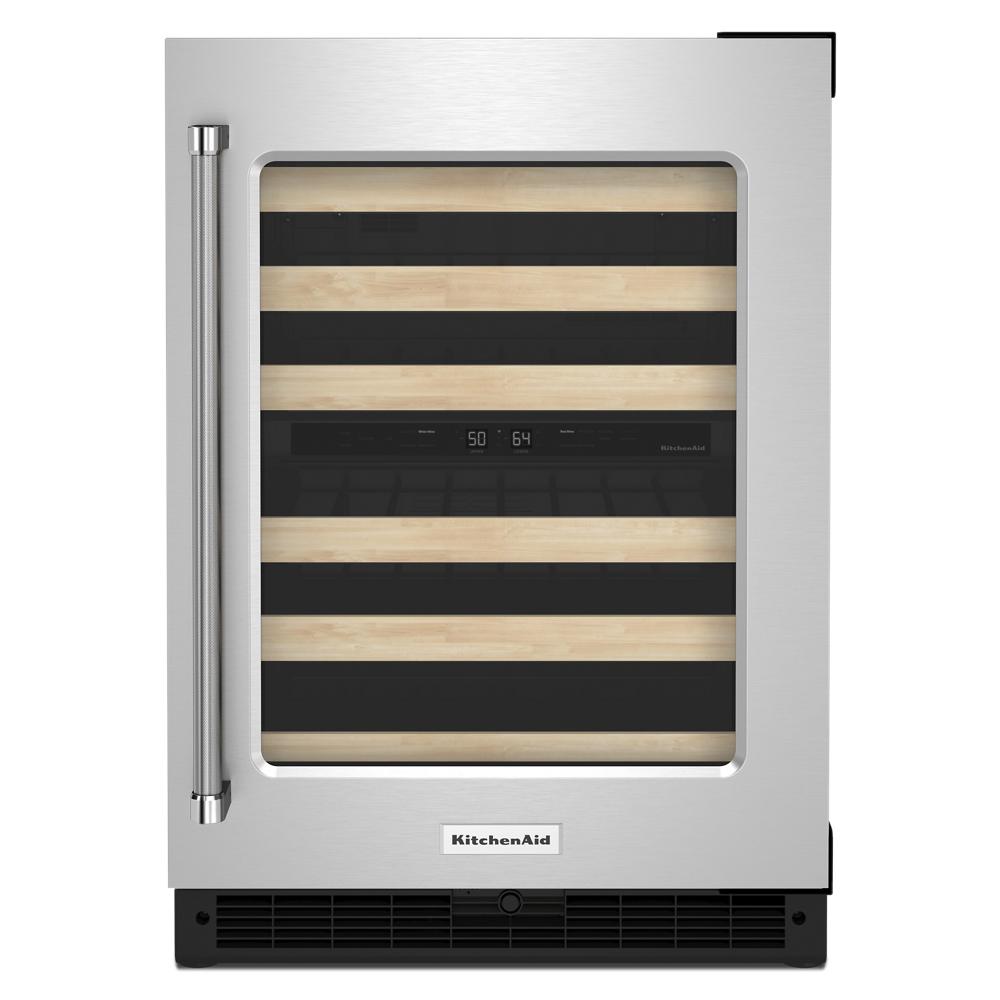 Undercounter stainless steel wine cellar with glass door and wood racks for wine storage in KitchenAid appliances collection