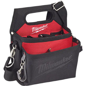 Red and black Milwaukee electrician's work pouch with quick adjust belt, 15 pockets for tool storage and workshop organization