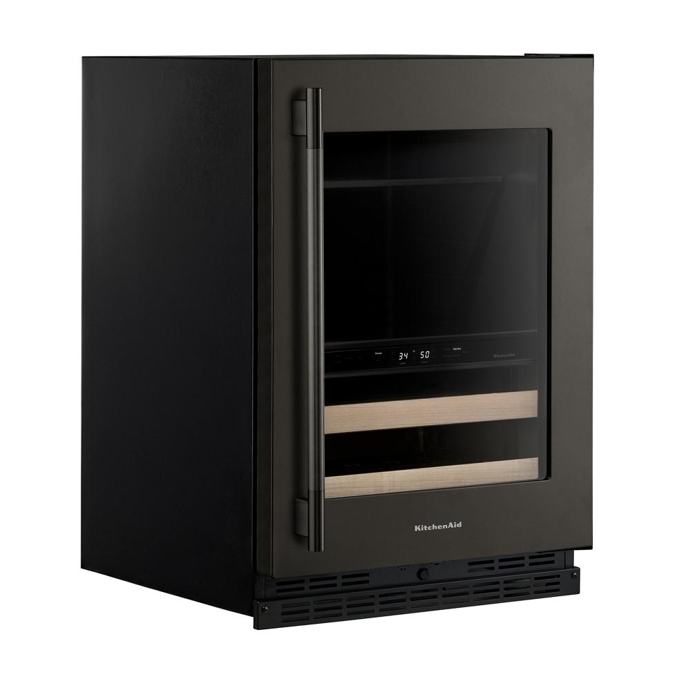 24" undercounter beverage center with glass door and wood-front racks in KitchenAid appliances collection