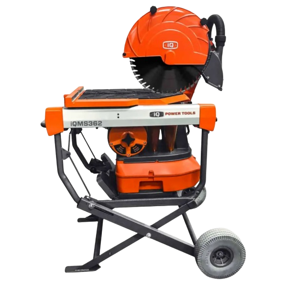Orange and black dry cut masonry saw with integrated dust collection and wheeled metal frame for power tools collection