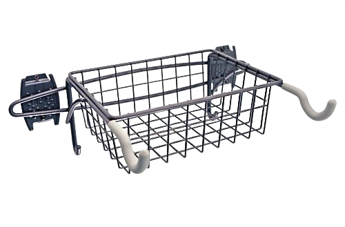 Black metal wall-mounted bike rack with attached storage basket and protective hooks for garage organization