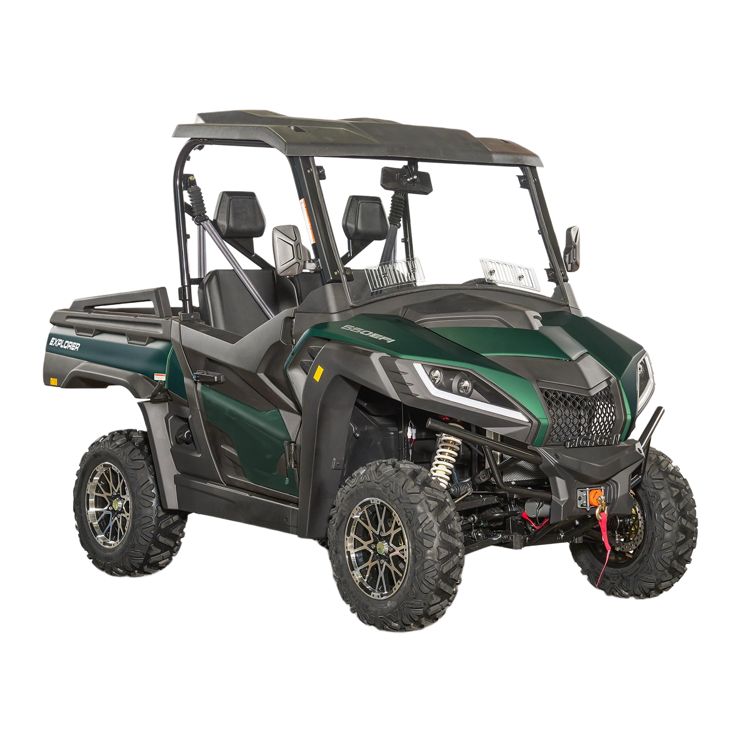 Green off-road UTV with rugged tires and open cab, designed for outdoor tools and home improvement tasks